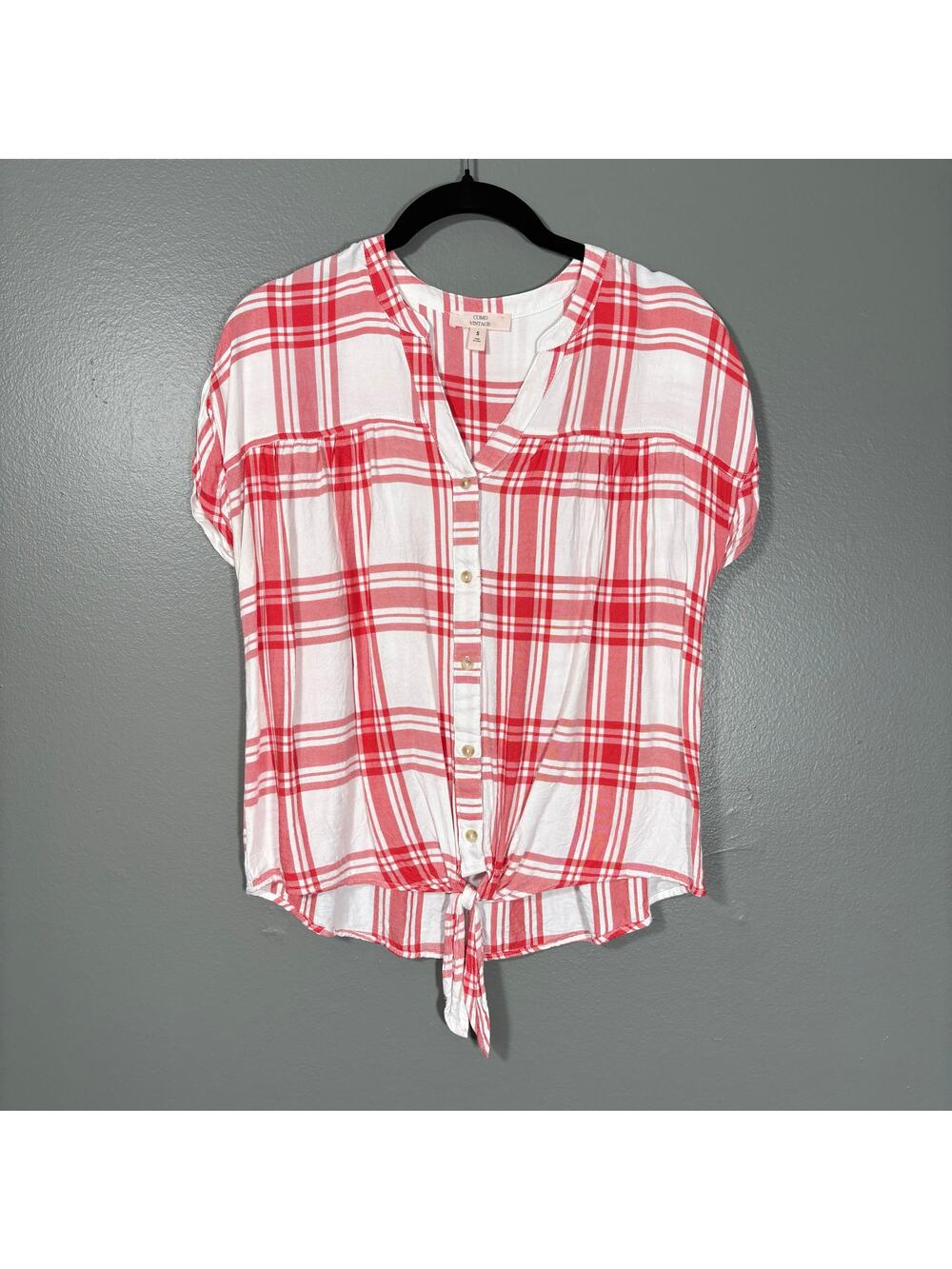Como Vintage Women's Red & White Plaid Button Up Shirt - Size Small - Boxy Top